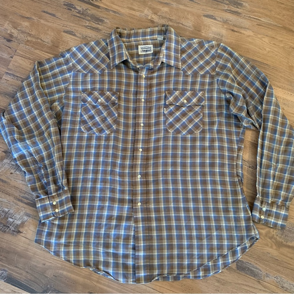 VTG 70s Levi Strauss & Co Western Plaid Shirt Pearl Snaps XL X-LArge Brown
